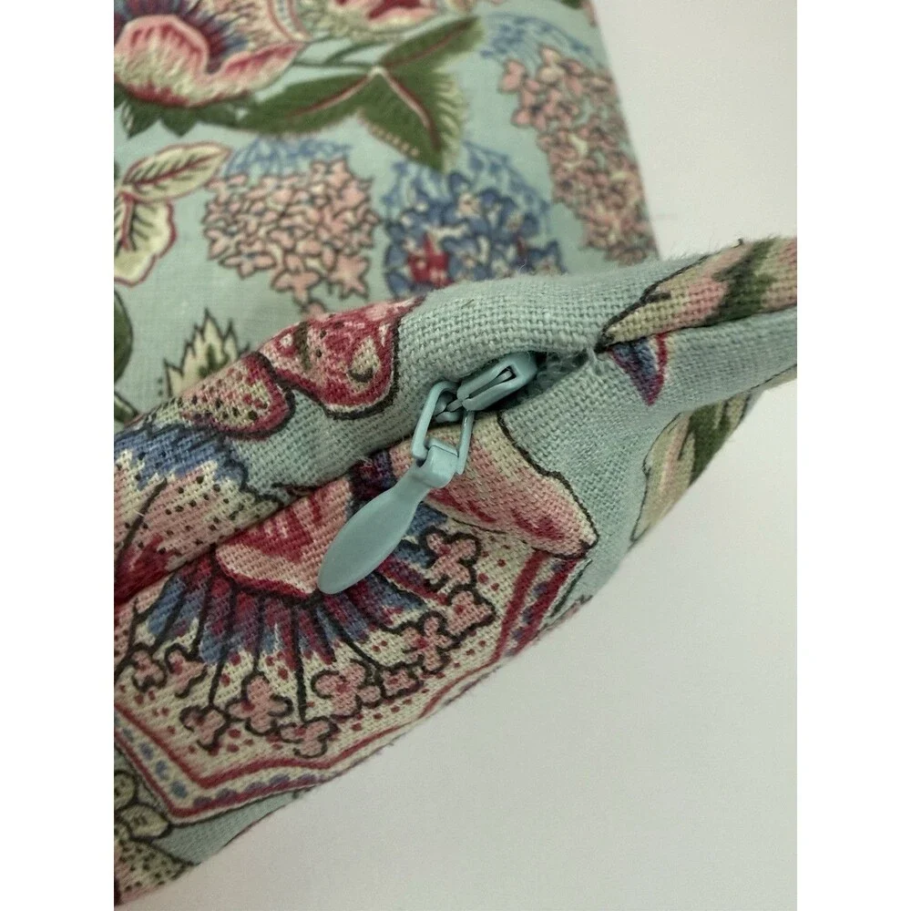 Pottery Barn Botanical Floral Pillow Cover 18x18 Aqua Cottagecore Cotton Linen